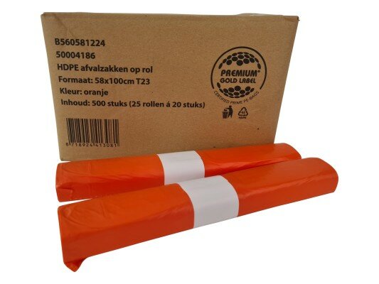 Premium Gold Label HDPE Afvalzakken Oranje 70L - 58x100cm - 500 stuks