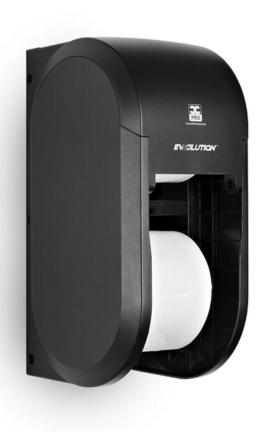 BulkySoft Evsolution 2-Roll Coreless Toiletpapier Dispenser Zwart Verticaal