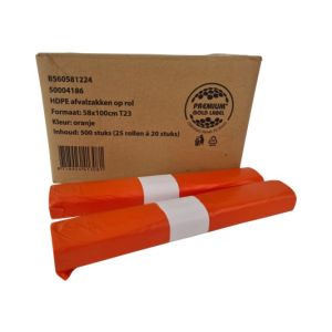 HDPE Afvalzakken rol 58x100 T23 Oranje, 25 rol a 20 stuks